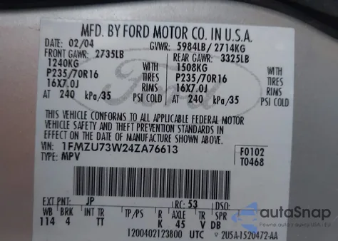 2004 Ford Explorer Nbx/Xlt z USA, uszkodzony, nr VIN 1FMZU73W24ZA76613